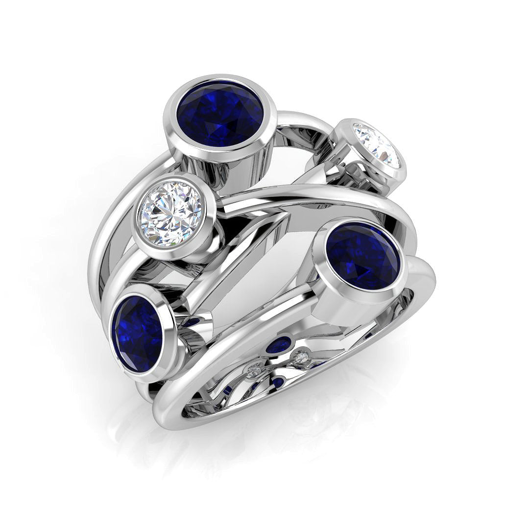 Blue Sapphire Bubble Ring with Natural Round Diamond Accents in 10K/14K gold and platinum with certified lab-grown or natural diamonds