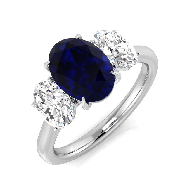 Oval Blue Sapphire Three Stone Ring with Diamond Sides | 10K & 14K Gold, Platinum