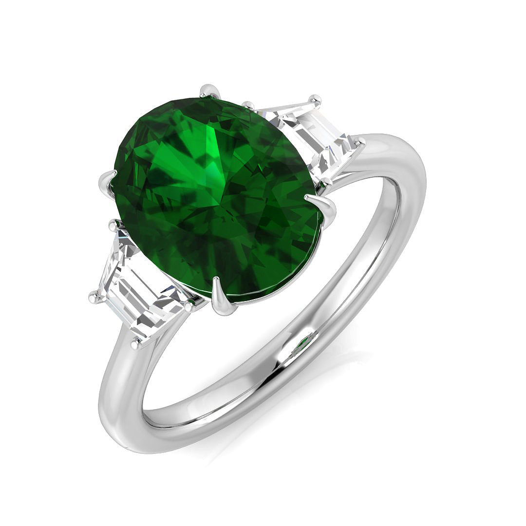 Emerald Trilogy Ring with Trapezoid Diamond Side Stones in 10K/14K gold and platinum with certified lab-grown or natural diamonds
