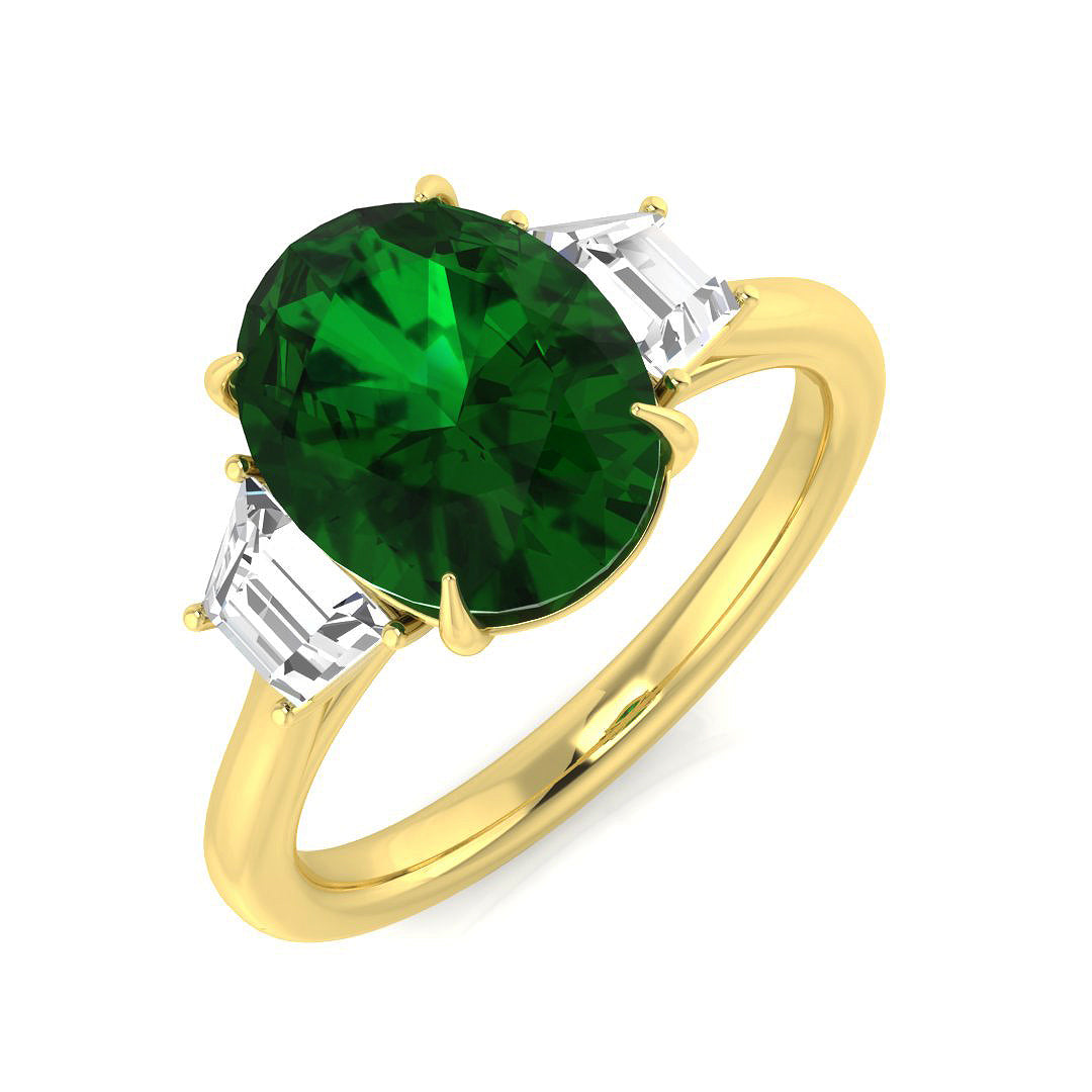 Emerald Trilogy Ring with Trapezoid Diamond Side Stones in 10K/14K gold and platinum with certified lab-grown or natural diamonds