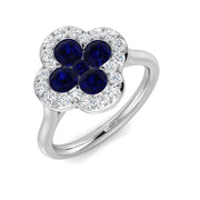 Blue Sapphire Clover Ring Studded with Round Cluster Natural Diamonds in 10K/14K gold and platinum with certified lab-grown or natural diamonds