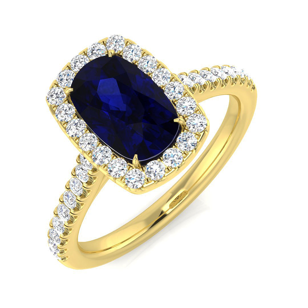 Blue Sapphire Halo Diamond Ring in 10K/14K gold and platinum with certified lab-grown or natural diamonds