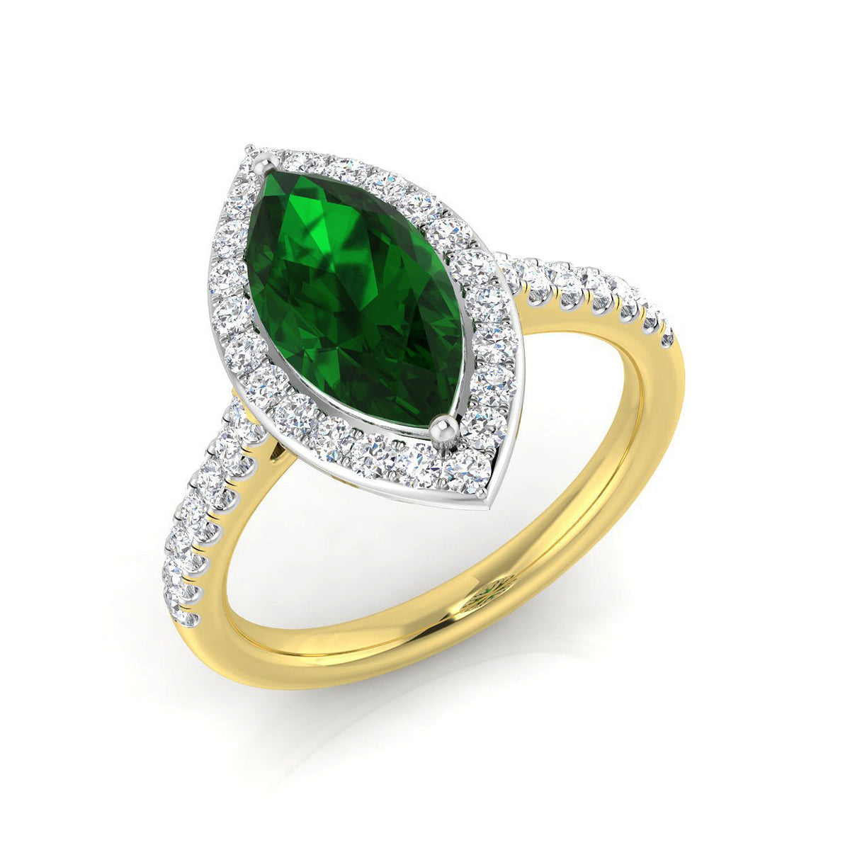 Marquise Cut Emerald Diamond Halo Ring in 10K/14K gold and platinum with certified lab-grown or natural diamonds