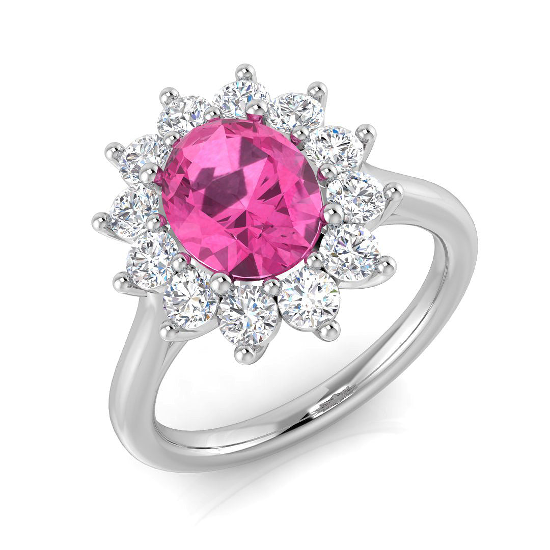 Pink Sapphire Diamond Halo Engagement Ring in 10K/14K gold and platinum with certified lab-grown or natural diamonds
