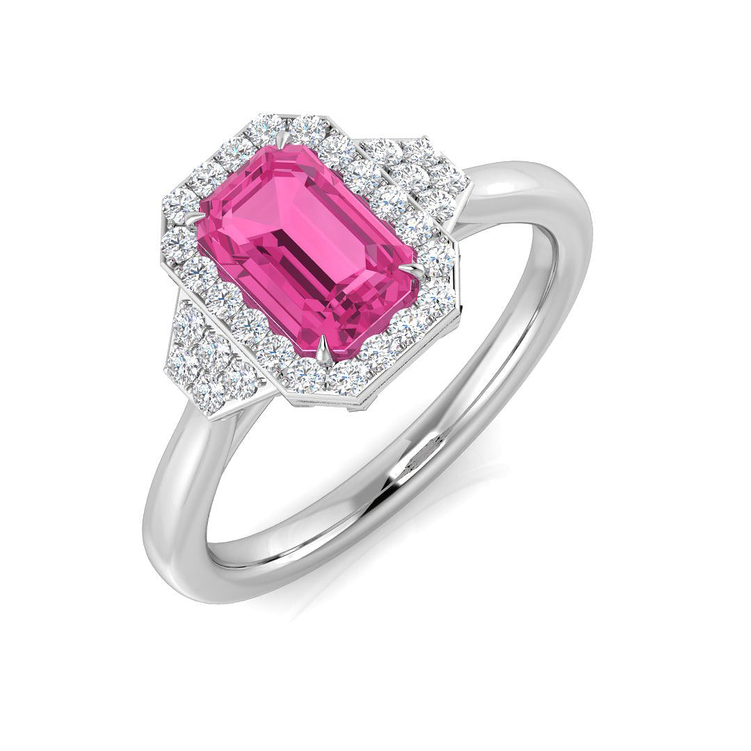 Pink Sapphire Halo Ring with Natural Diamonds in 10K/14K gold and platinum with certified lab-grown or natural diamonds