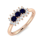 Blue Sapphire Diamond Three Stone Ring with Floral Cluster Ring in 10K/14K gold and platinum with certified lab-grown or natural diamonds