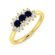 Blue Sapphire Diamond Three Stone Ring with Floral Cluster Ring in 10K/14K gold and platinum with certified lab-grown or natural diamonds