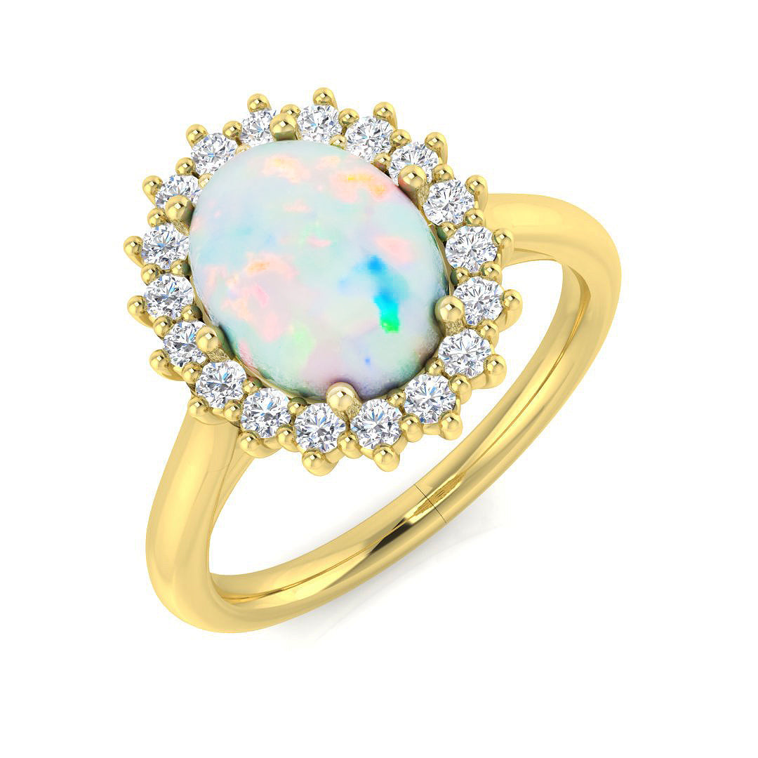 Oval Opal & Round Diamond Halo Engagement Ring in 10K/14K gold and platinum with certified lab-grown or natural diamonds