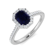 Emerald Cut Blue Sapphire Halo Ring with Natural Round Cur Pave Band in 10K/14K gold and platinum with certified lab-grown or natural diamonds