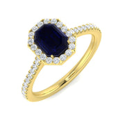 Emerald Cut Blue Sapphire Halo Ring with Natural Round Cur Pave Band in 10K/14K gold and platinum with certified lab-grown or natural diamonds