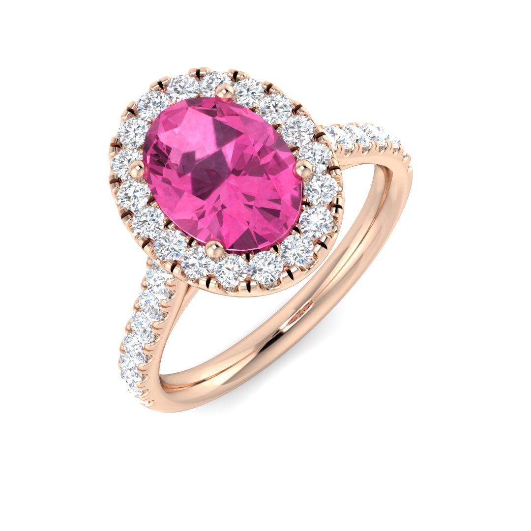 Pink Sapphire Halo Engagement Ring in 10K/14K gold and platinum with certified lab-grown or natural diamonds