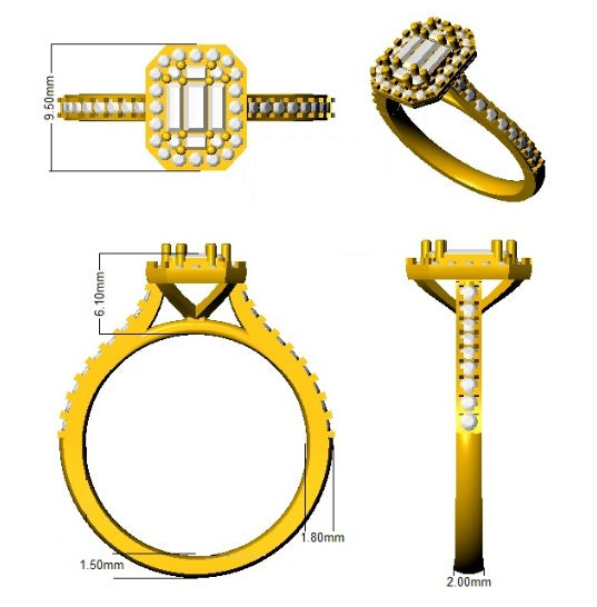 Baguette & Round Cut Diamond Halo Engagement Ring in Gold & in 10K/14K gold and platinum with certified lab-grown or natural diamonds