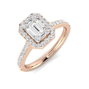 Baguette & Round Cut Diamond Halo Engagement Ring in Gold & in 10K/14K gold and platinum with certified lab-grown or natural diamonds