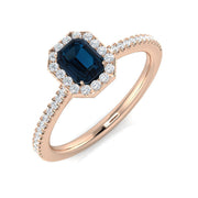 Emerald Cut Blue Sapphire Halo Engagement Ring in 10K/14K gold and platinum with certified lab-grown or natural diamonds