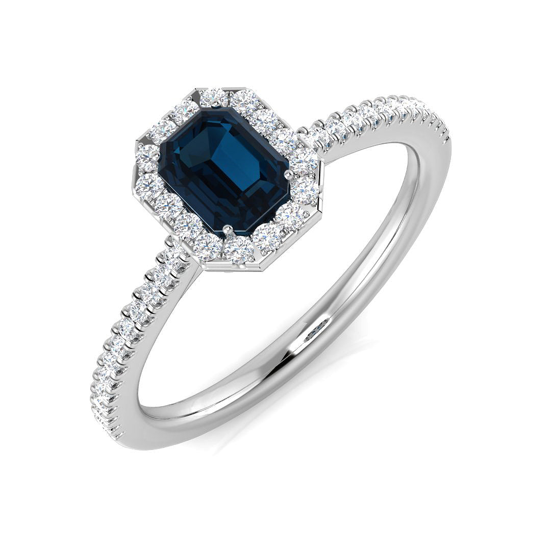 Emerald Cut Blue Sapphire Halo Engagement Ring in 10K/14K gold and platinum with certified lab-grown or natural diamonds