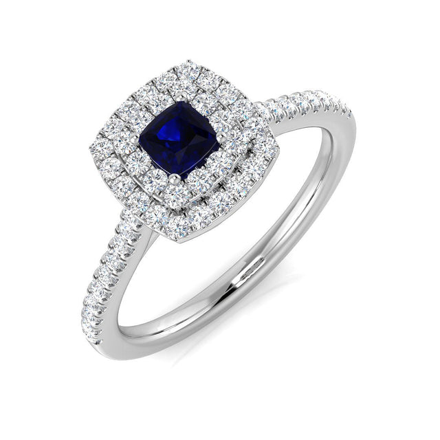 Cushion Cut Sapphire Halo Engagement Ring | 10K & 14K Gold, Platinum