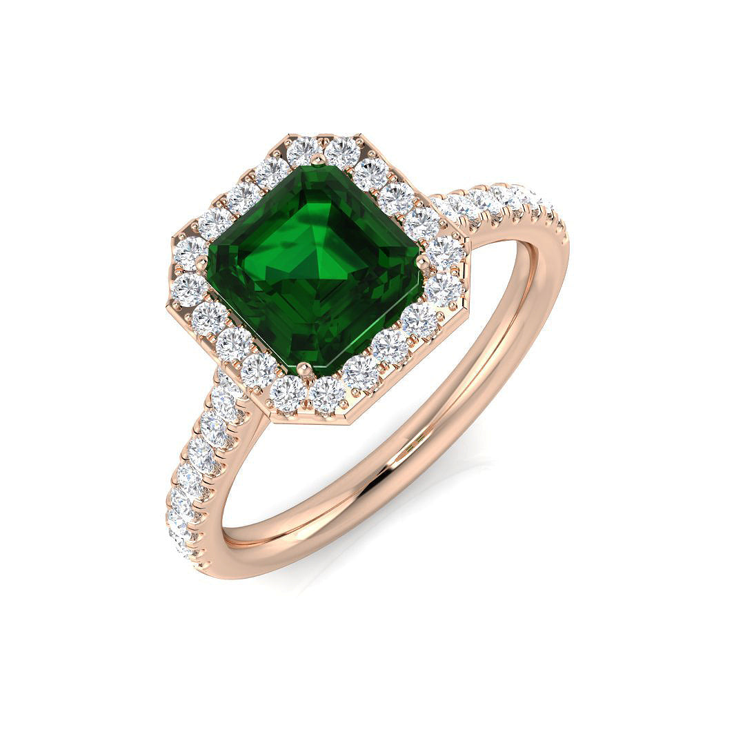 Solitaire Emerald Halo Ring with Pave Diamond Band in 10K/14K gold and platinum with certified lab-grown or natural diamonds