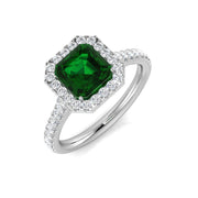Solitaire Emerald Halo Ring with Pave Diamond Band in 10K/14K gold and platinum with certified lab-grown or natural diamonds