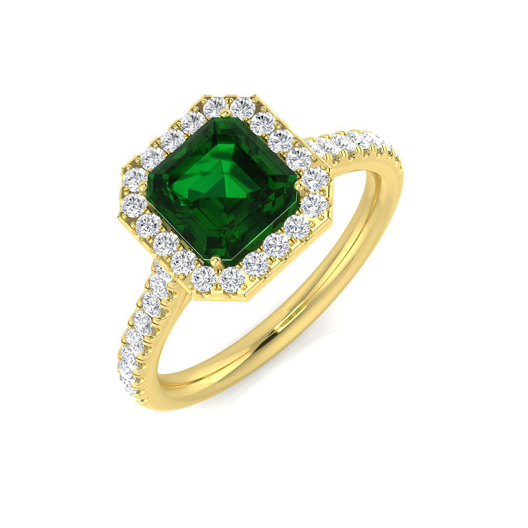 Solitaire Emerald Halo Ring with Pave Diamond Band in 10K/14K gold and platinum with certified lab-grown or natural diamonds