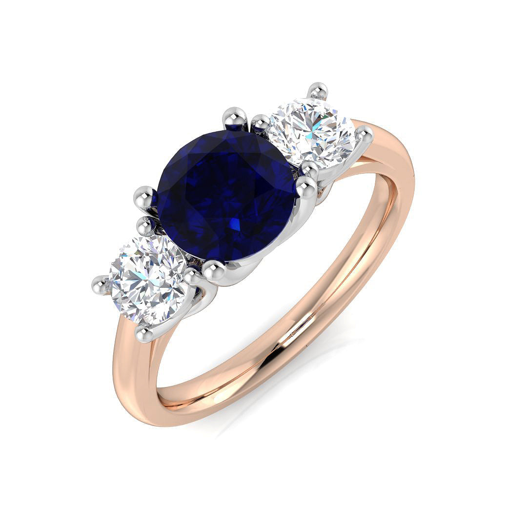 Blue Sapphire Three Stone Ring with Natural Round Side Stone in 10K/14K gold and platinum with certified lab-grown or natural diamonds