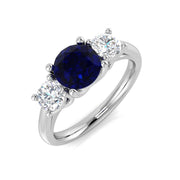Blue Sapphire Three Stone Ring with Natural Round Side Stone in 10K/14K gold and platinum with certified lab-grown or natural diamonds