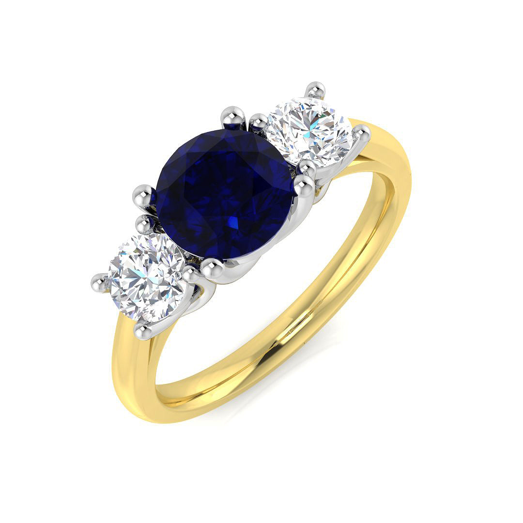 Blue Sapphire Three Stone Ring with Natural Round Side Stone in 10K/14K gold and platinum with certified lab-grown or natural diamonds
