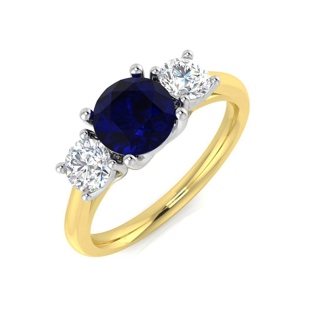 Round Blue Sapphire Three Stone Ring | 10K & 14K Gold, Platinum
