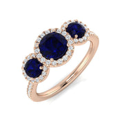 Premium Platinum Natural Round Diamond with Gemstone Halo 3 Stone Ring in 10K/14K gold and platinum with certified lab-grown or natural diamonds