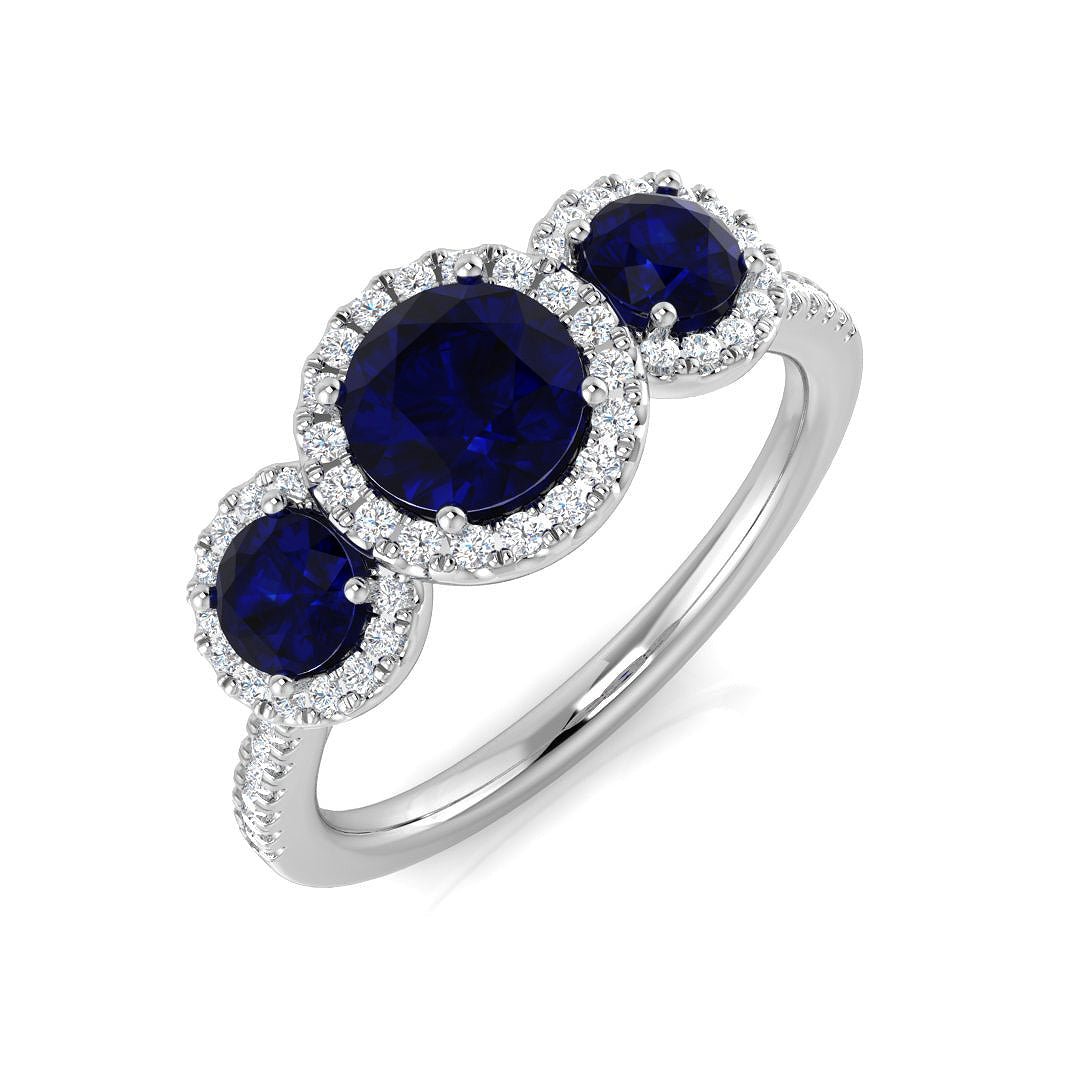 Premium Platinum Natural Round Diamond with Gemstone Halo 3 Stone Ring in 10K/14K gold and platinum with certified lab-grown or natural diamonds