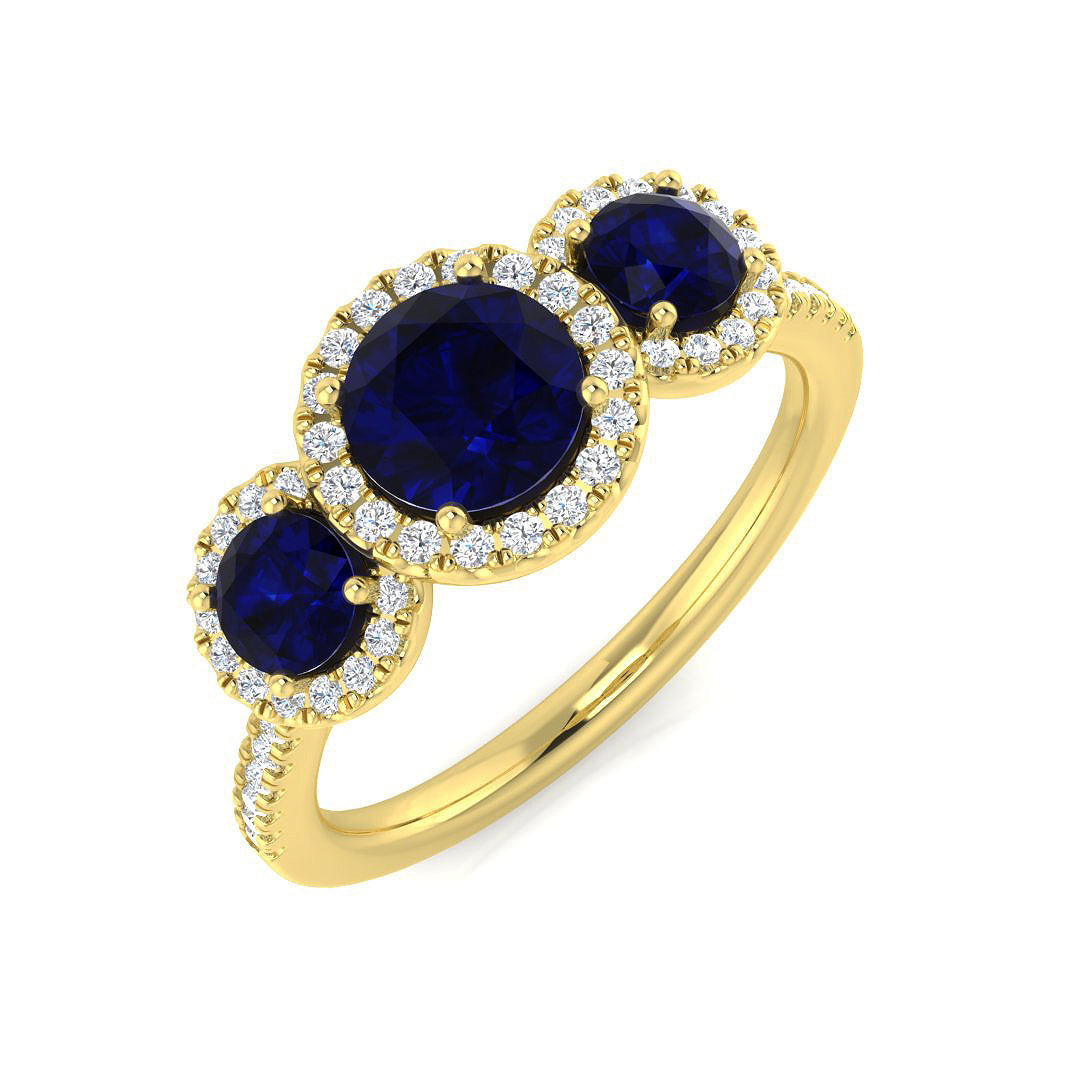 Premium Platinum Natural Round Diamond with Gemstone Halo 3 Stone Ring in 10K/14K gold and platinum with certified lab-grown or natural diamonds
