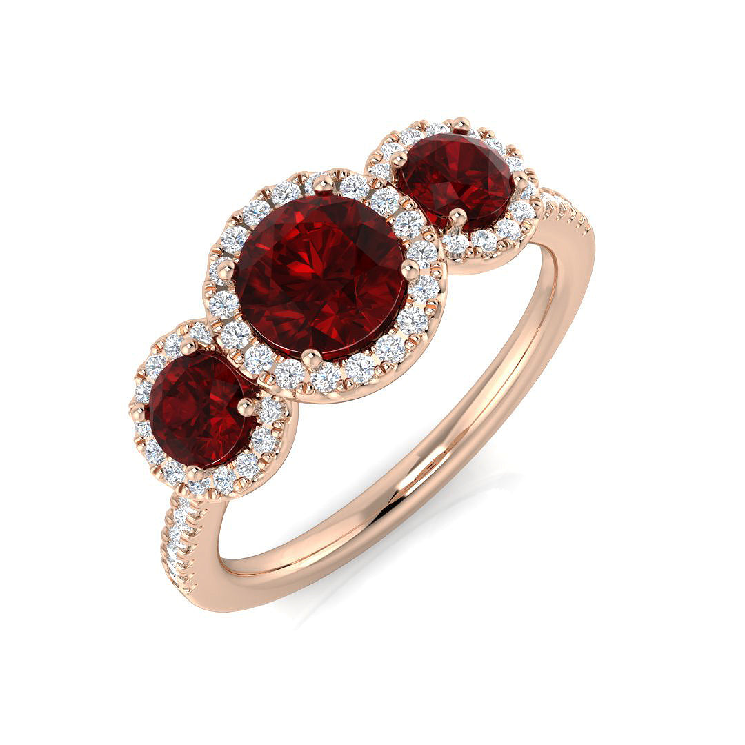 Premium Platinum Natural Round Diamond with Gemstone Halo 3 Stone Ring in 10K/14K gold and platinum with certified lab-grown or natural diamonds