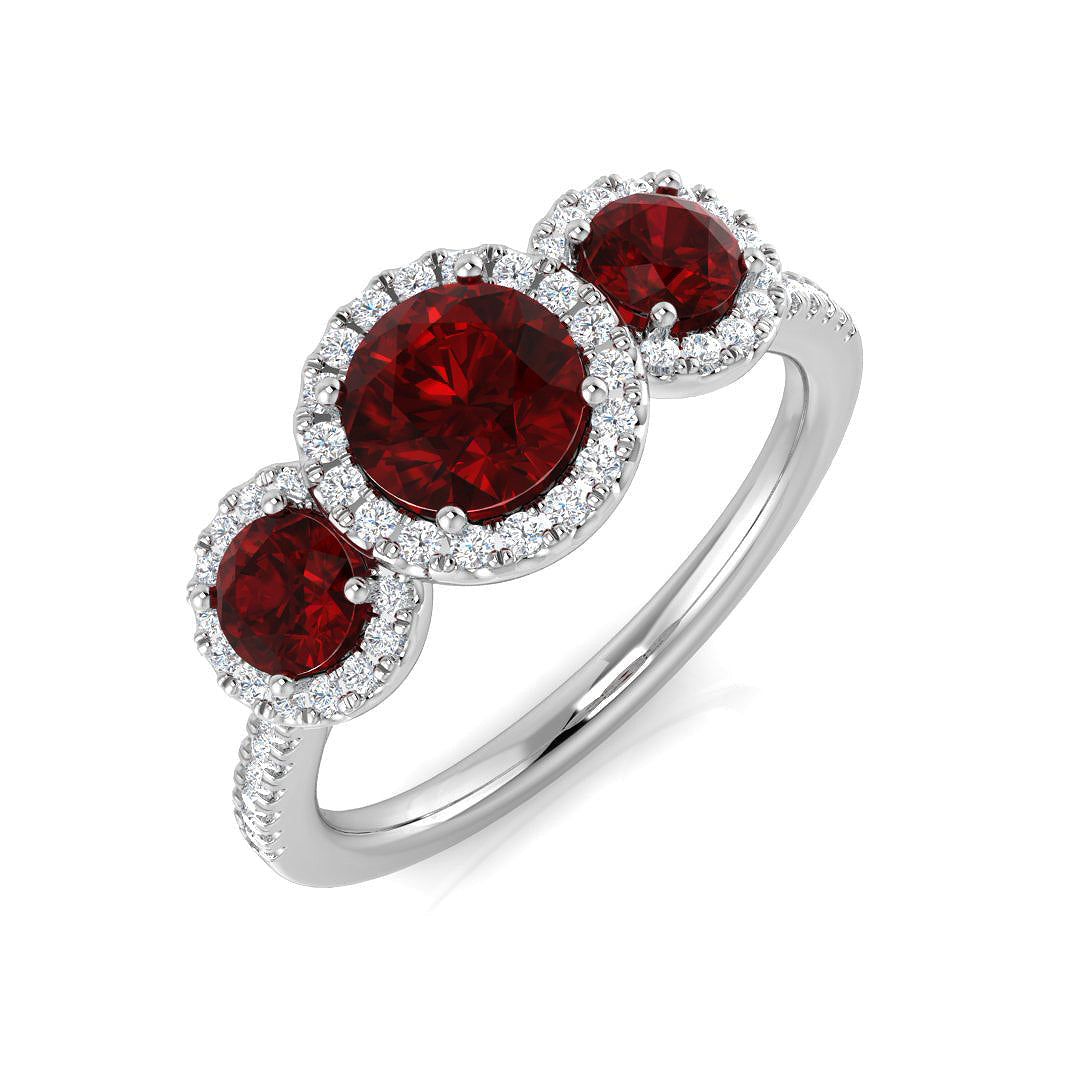 Premium Platinum Natural Round Diamond with Gemstone Halo 3 Stone Ring in 10K/14K gold and platinum with certified lab-grown or natural diamonds