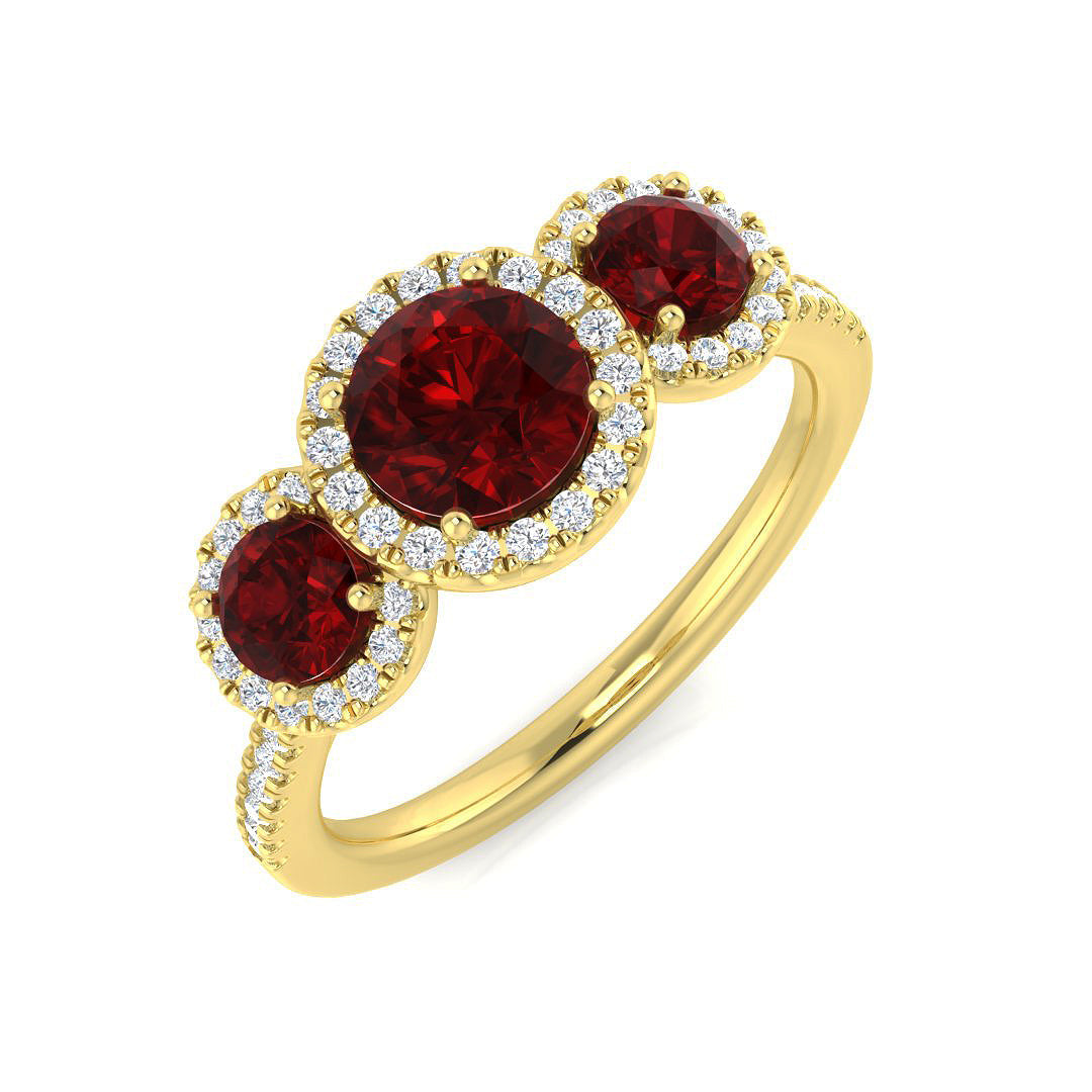 Premium Platinum Natural Round Diamond with Gemstone Halo 3 Stone Ring in 10K/14K gold and platinum with certified lab-grown or natural diamonds