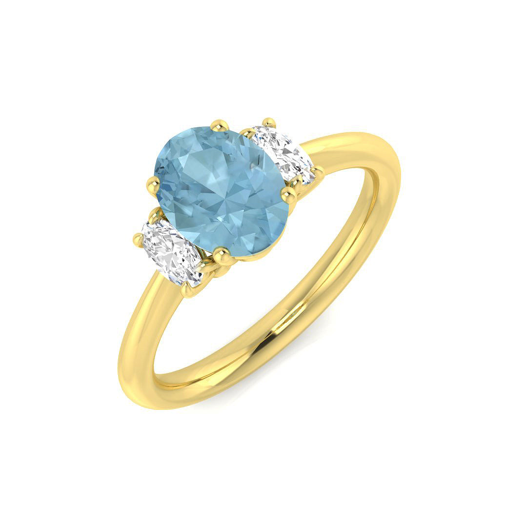 Oval Cut Aquamarine Trilogy Ring with Natural Diamond Side Stones in 10K/14K gold and platinum with certified lab-grown or natural diamonds