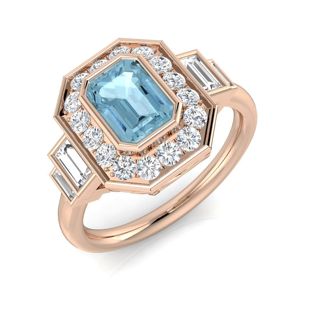Emerald Cut Aquamarine Ring with Diamond Side Stones - Fine Jewellery in 10K/14K gold and platinum with certified lab-grown or natural diamonds