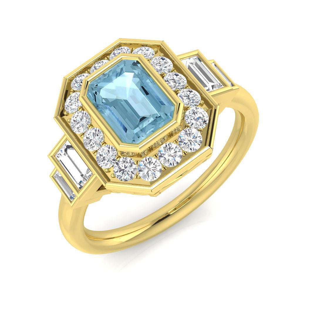 Emerald Cut Aquamarine Ring with Diamond Side Stones - Fine Jewellery in 10K/14K gold and platinum with certified lab-grown or natural diamonds