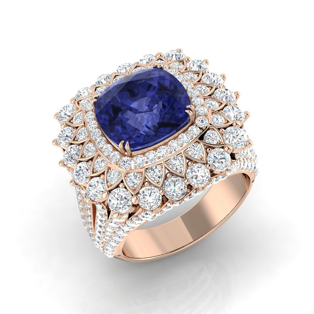 Cushion Tanzanite Diamond Cocktail Ring in 10K/14K gold and platinum with certified lab-grown or natural diamonds