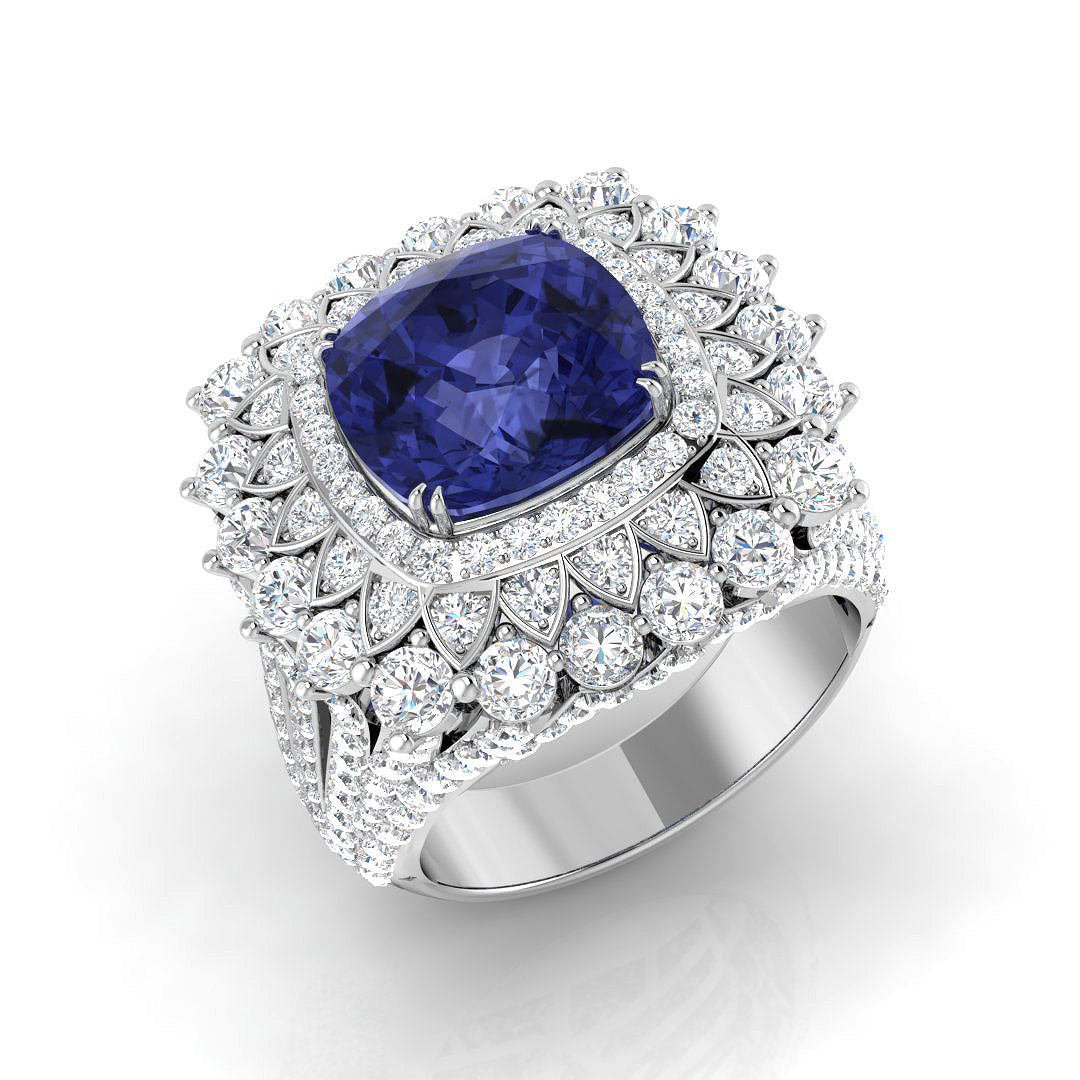 Cushion Tanzanite Diamond Cocktail Ring in 10K/14K gold and platinum with certified lab-grown or natural diamonds
