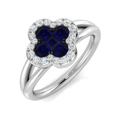 Blue Sapphire Clover Diamond Ring in 10K/14K gold and platinum with certified lab-grown or natural diamonds