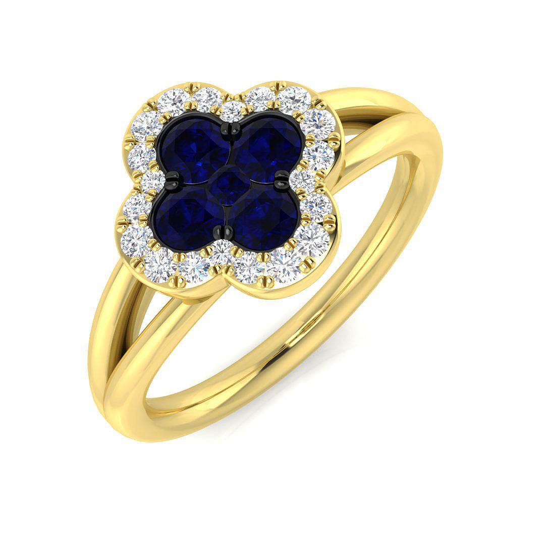 Blue Sapphire Clover Diamond Ring in 10K/14K gold and platinum with certified lab-grown or natural diamonds