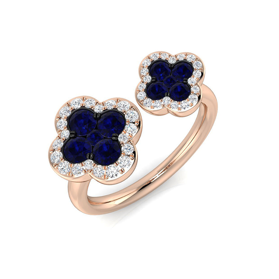 Blue Sapphire Clover Diamond Open Ring in 10K/14K gold and platinum with certified lab-grown or natural diamonds