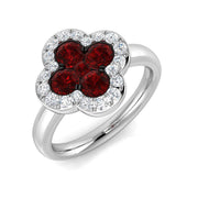 Ruby Clover Ring with Diamond Halo Four Leaf Design in 10K/14K gold and platinum with certified lab-grown or natural diamonds