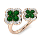 Emerald Clover Ring with Round Diamond Pave Halo in 10K/14K gold and platinum with certified lab-grown or natural diamonds