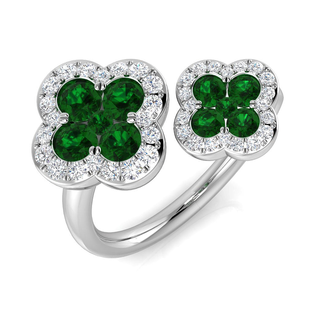 Emerald Clover Ring with Round Diamond Pave Halo in 10K/14K gold and platinum with certified lab-grown or natural diamonds