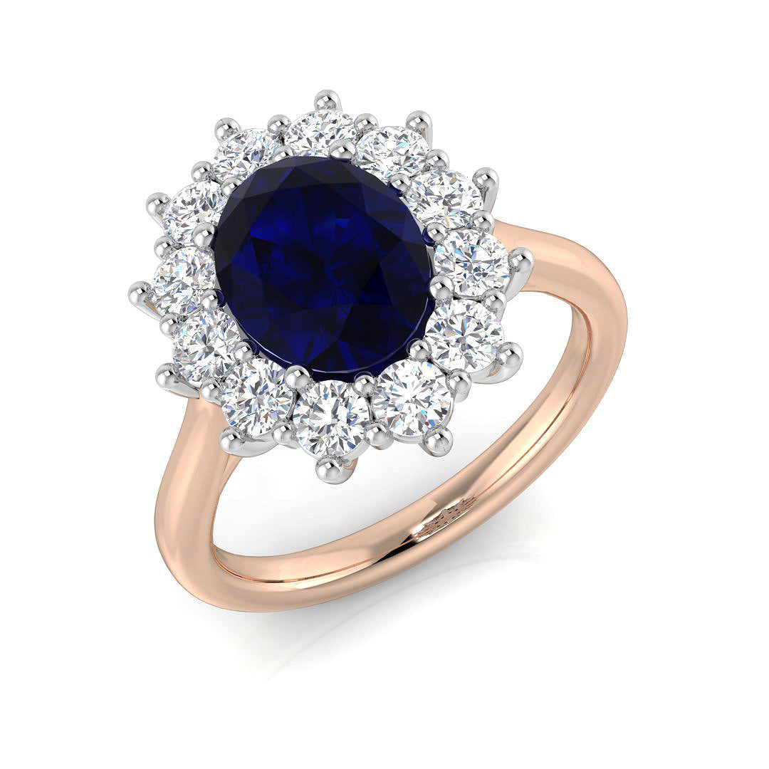 Oval Cut Blue Sapphire Diamond Halo Ring with Round Cluster in 10K/14K gold and platinum with certified lab-grown or natural diamonds