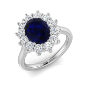 Oval Cut Blue Sapphire Diamond Halo Ring with Round Cluster in 10K/14K gold and platinum with certified lab-grown or natural diamonds