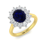 Oval Cut Blue Sapphire Diamond Halo Ring with Round Cluster in 10K/14K gold and platinum with certified lab-grown or natural diamonds