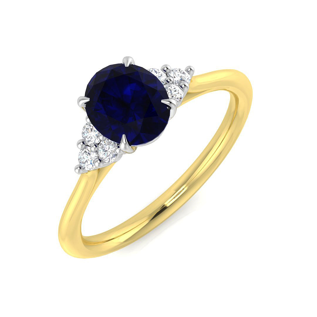 Round Blue Sapphire & Diamond Cluster Three Stone Engagement Ring in 10K/14K gold and platinum with certified lab-grown or natural diamonds