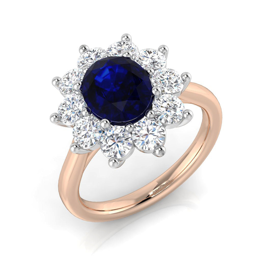 Oval Cut Blue Sapphire Halo Ring with Round Cluster Diamond in 10K/14K gold and platinum with certified lab-grown or natural diamonds