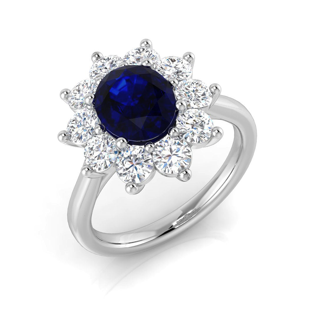 Oval Cut Blue Sapphire Halo Ring with Round Cluster Diamond in 10K/14K gold and platinum with certified lab-grown or natural diamonds